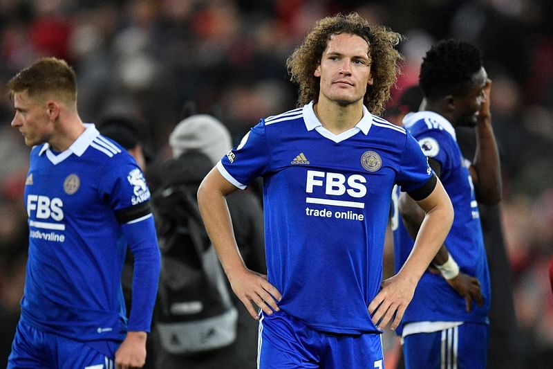 Leicester City's Belgian defender Wout Faes reacts at the end of the English Premier League match between Liverpool and Leicester City at Anfield in Liverpool, north west England on 30 December, 2022