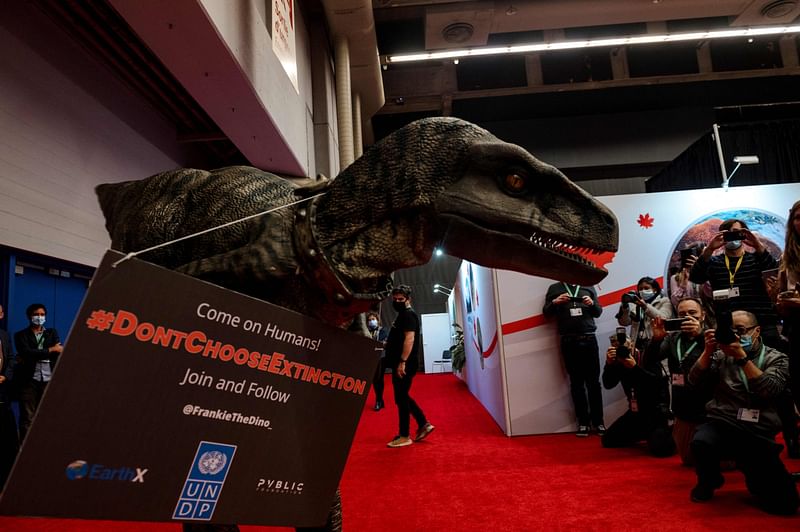 Frankie the Dinosaur, the United Nations Development Programme's “special guest,” makes a media appearance at the United Nations Biodiversity Conference (COP15) in Montreal, Quebec, Canada on 12 December, 2022.