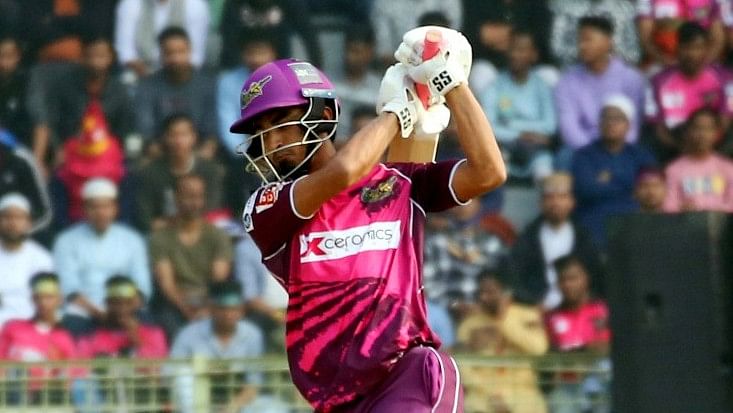 Sylhet Strikers batter Tanzim Hasan Sakib plays a shot during their match against Rangpur Riders in BPL9 at the Sylhet International Cricket Stadium on 27 January, 2023