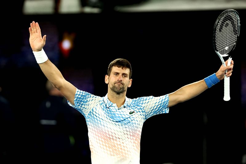 Serbia's Novak Djokovic celebrates victory against Russia's Andrey Rublev during their men's singles quarter-final match on day ten of the Australian Open in Melbourne on 25 January, 2023