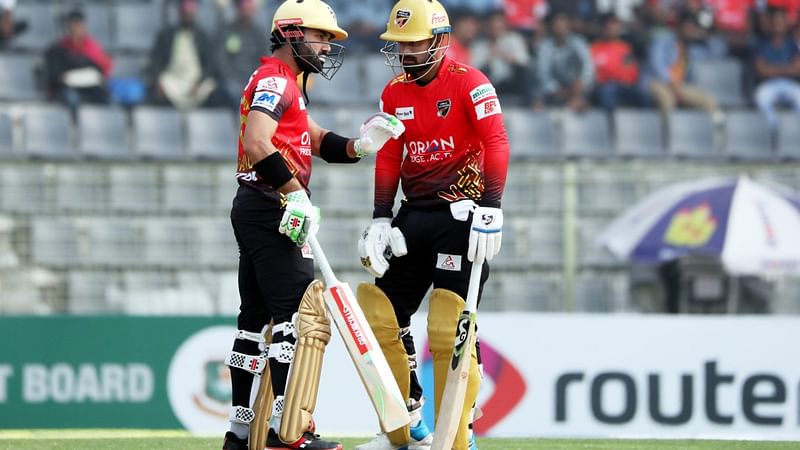 Comilla Victorians openers Mohammad Rizwan and Liton Das in discussion during their innings against Khulna Tigers at the Sylhet International Cricket Stadium on 28 January, 2023