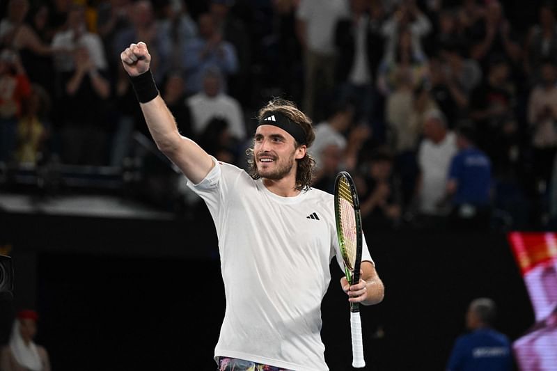 Greece's Stefanos Tsitsipas celebrates after victory against Czech Republic's Jiri Lehecka in their men's singles quarter-final match on day nine of the Australian Open in Melbourne on 24 January, 2023