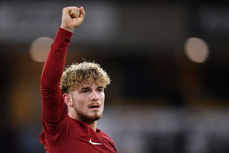 Liverpool's English midfielder Harvey Elliott celebrates at the end of the FA Cup third round football match between Wolverhampton Wanderers and Liverpool FC at the Molineux stadium in Wolverhampton, central England on 17 January, 2023