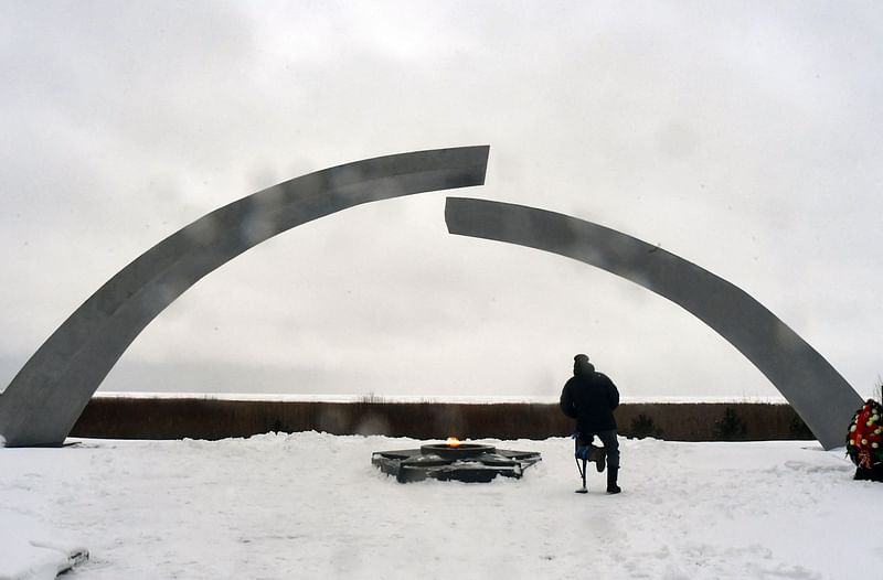 A man visits the monument "Broken Ring" dedicated to breaking of Nazi's siege of Leningrad on the shore of Lake Ladoga in the Leningrad region on January 13, 2023. The Red Army broke the nearly 900-day blockade of the city on January 19, 1943 after fierce fighting.