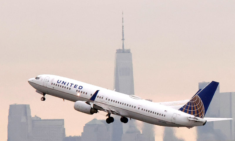 A United Airlines plane departs the Newark International Airport, in Newark, New Jersey, on 11 January 2023.