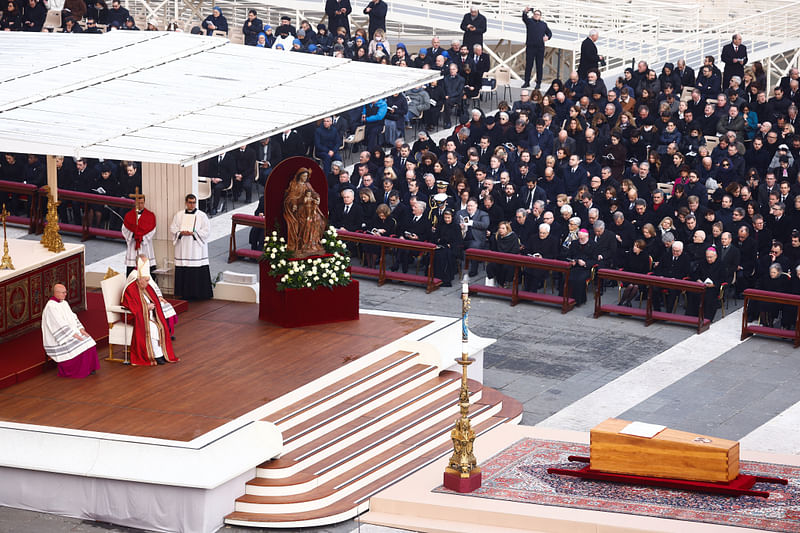 Pope Francis attends the funeral of former Pope Benedict, in St. Peter's Square at the Vatican, January 5, 2023