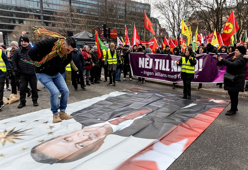 A demonstration against Turkish President Recep Tayyip Erdogan and Sweden?s NATO bid arranged by The Kurdish Democratic Society Center, in Stockholm, Sweden, January 21, 2023