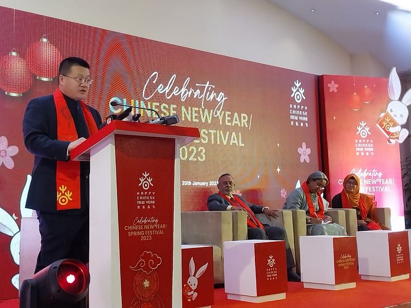 Chinese ambassador Wen addresses the “Chinese New Year Spring Festival 2023” at a hotel in Dhaka on Friday night.