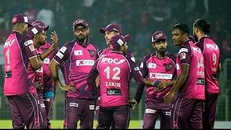 Sylhet Strikers pacer Rubel Hossain celebrates with teammates after picking a wicket during their BPL9 match against Khulna Tigers at the Sylhet International Cricket Stadium on 30 January, 2023