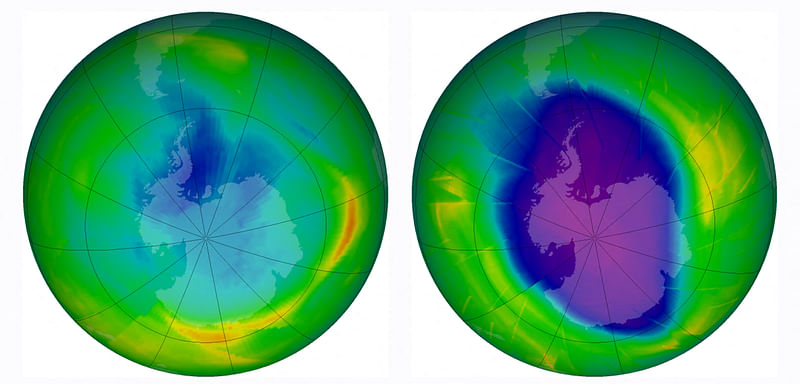 This file image released on 1 December, 2009, shows a combination of two images released by the Nasa Earth Observatory showing the size and shape of the ozone hole each year in 1979 (L) and in 2009