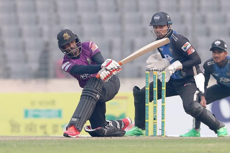 Chattogram Challengers skipper Shuvagata Hom plays a shot during their BPL9 match against Rangpur Riders at the Sher-e-Bangla National Cricket Stadium in Dhaka on 23 January, 2023