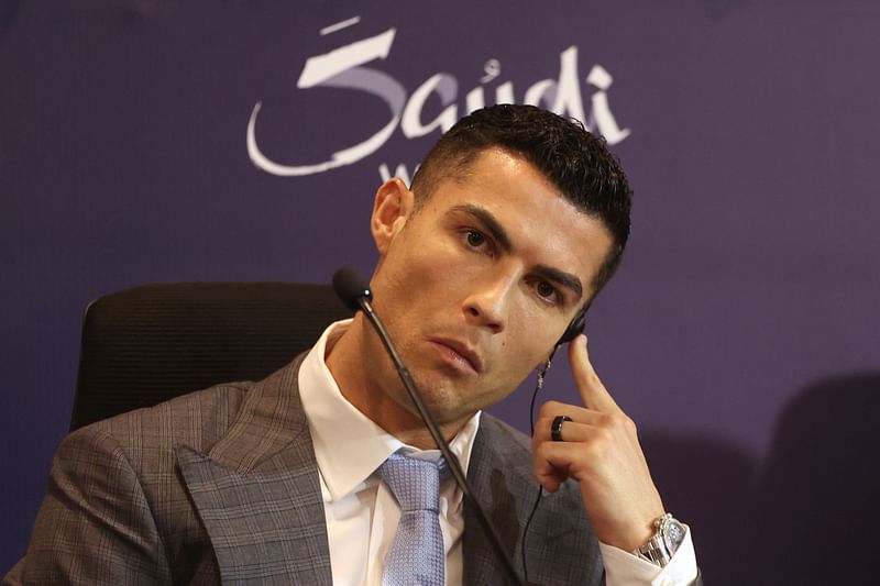 Portuguese forward Cristiano Ronaldo attends a press conference at the Mrsool Park Stadium in the Saudi capital Riyadh on 3 January, 2023, ahead of the unveiling ceremony