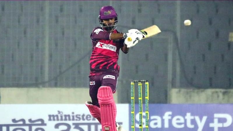 Sylhet Strikers batsman Towhid Hridoy plays a shot against Dhaka Dominators in their BPL9 match at the Sher-e-Bangla Natinoal Cricket Stadium in Dhaka on 10 January, 2023