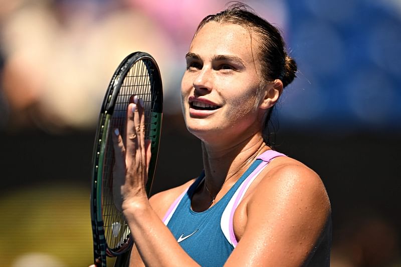 Belarus' Aryna Sabalenka celebrates victory against Croatia's Donna Vekic during their women's singles quarter-final match on day ten of the Australian Open in Melbourne on 25 January, 2023