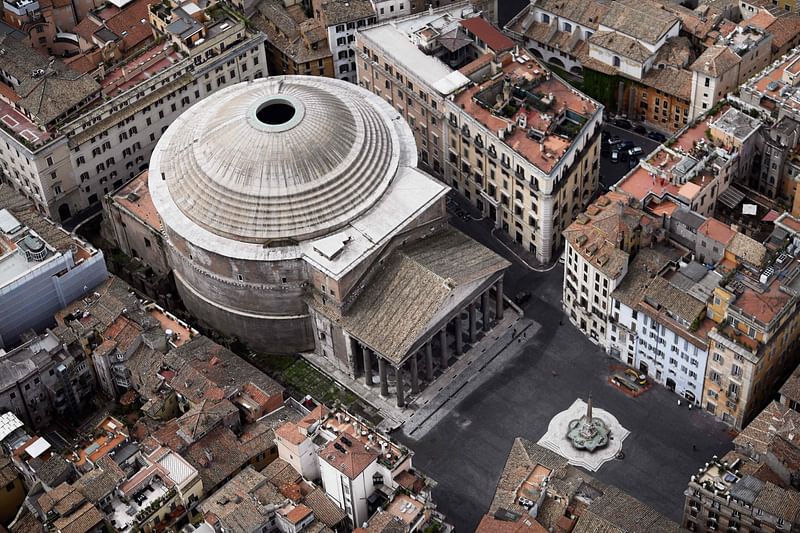 This file photo taken on 1 May, 2020 shows an aerial view of the Piazza del Pantheon in Rome. How have Rome's ancient aqueducts and architectural marvels such as the Pantheon, which features the world's largest unreinforced concrete dome, endured the test of time? Researchers at the Massachusetts Institute of Technology (MIT) and other institutions believe they have uncovered the mystery of the durability of the 2,000-year-old structures -- self-healing concrete.