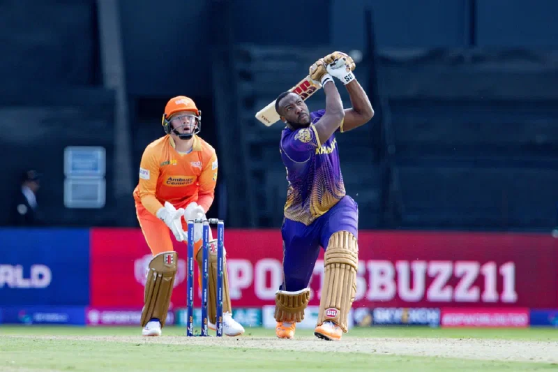 West Indies all-rounder Andre Russell smashing a ball into the stands for Abu Dhabi Knight Riders in the ILT20