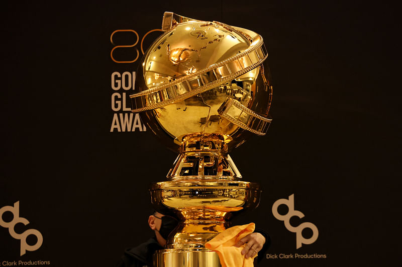 A person works on the stage before the 80th Annual Golden Globe Awards Nominations announcement in Beverly Hills, California, US, 12 December, 2022.