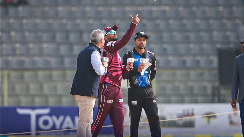 Sylhet Strikers captain Mashrafe Bin Mortaza and Rangpur Riders captain Nurul Hasan during the toss ahead of the BPL9 match at the Sylhet International Cricket Stadium on 27 January, 2023