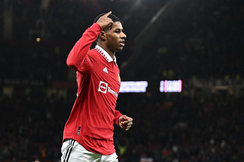 Manchester United's English striker Marcus Rashford celebrates scoring their third goal during the English League Cup quarter final football match between Manchester United and Charlton Athletic at Old Trafford in Manchester, England on 10 January, 2023