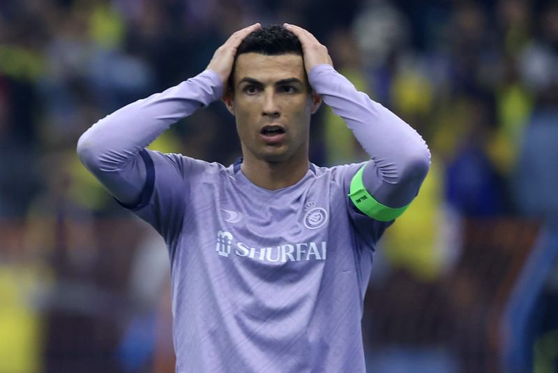 Al Nassr's Portuguese forward Cristiano Ronaldo reacts to a missed chance during the Saudi Super Cup semi-final between Al-Ittihad and Al-Nassr at the King Fahd Stadium in Riyadh on 26 January, 2023