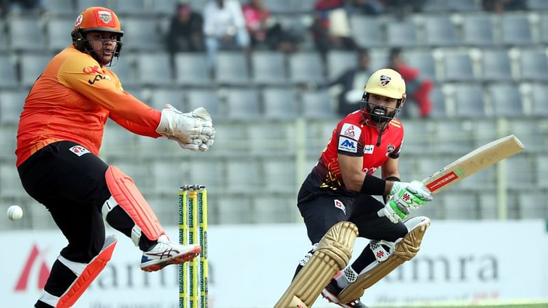 Comilla Victorians batsman Mohammad Rizwan plays a shot against Khulna Tigers in their BPL9 match at the Sylhet International Cricket Stadium on 28 January, 2023