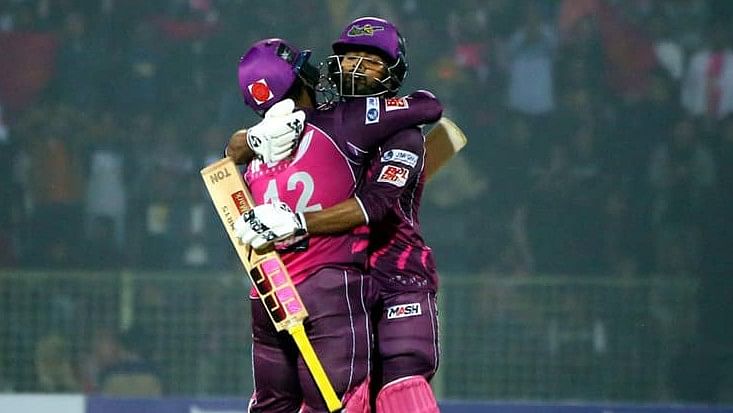 Sylhet Strikers batters Towhid Hridoy and Zakir Hasan embrace during their match against Khulna Tigers in BPL9 at the Sylhet International Cricket Stadium on 30 January, 2023