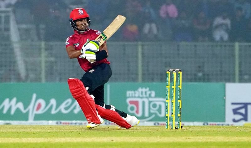 Fortune Barishal batsman Anamul  Haque plays a shot during their match against Chattogram Challngers in the Bangladesh Premier League 2023 at the Sylhet International Cricket Stadium on 27 January, 2023