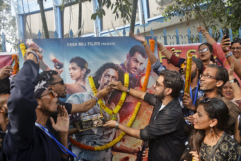 Fans of Bollywood actor Shah Rukh Khan during the celebration on the release of the film 'Pathaan', in Kolkata on 25 January, 2023