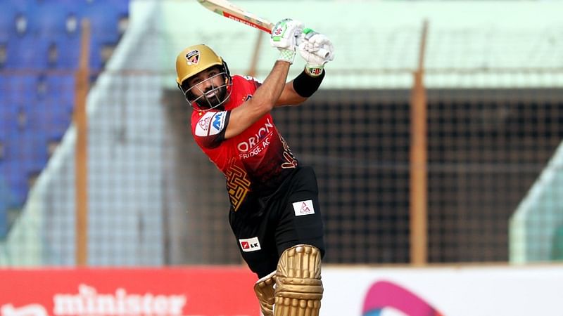 Comilla Victorians batsman Mohammad Rizwan plays a shot against Fortune Barishal in their ninth bangladesh premier League match at the Zahur Ahmed Chowdhury Stadium in Chattogram on 14 January, 2023