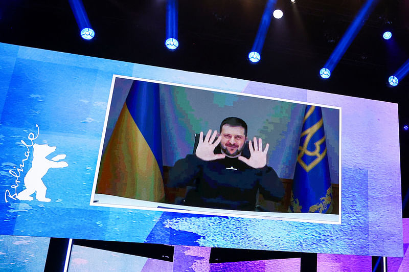 Ukraine's President Volodymyr Zelensky addresses the audience on a TV screen during the opening gala of the 73rd Berlinale International Film Festival in Berlin, Germany, 16 February, 2023.