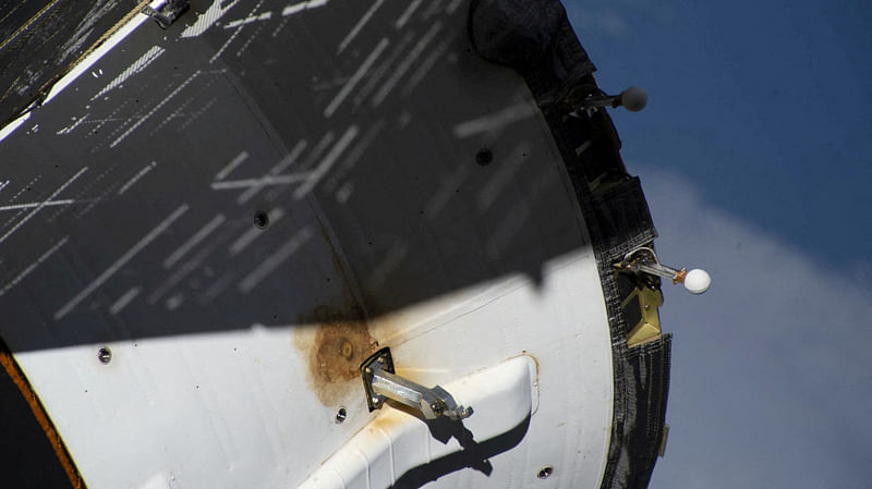 A view shows external damage believed to have caused a loss of pressure in the cooling system of the Soyuz MS-22 spacecraft docked to the International Space Station (ISS), in this image released 13 February, 2023.