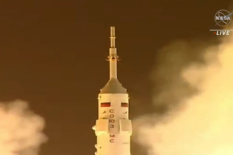 This handout screengrab courtesy of NASA TV shows the unmanned Soyuz MS-23 replacement spacecraft taking off to the International Space Station (ISS) from the Baikonur Cosmodrome in Kazakhstan on 24 February, 2023.