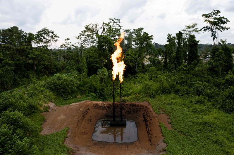 Aerial view of a "mechero" (gas flare) from the refinery operated by Petroecuador in Shushufindi, in the Sucumbíos Province, Ecuador, on 14 January, 2023