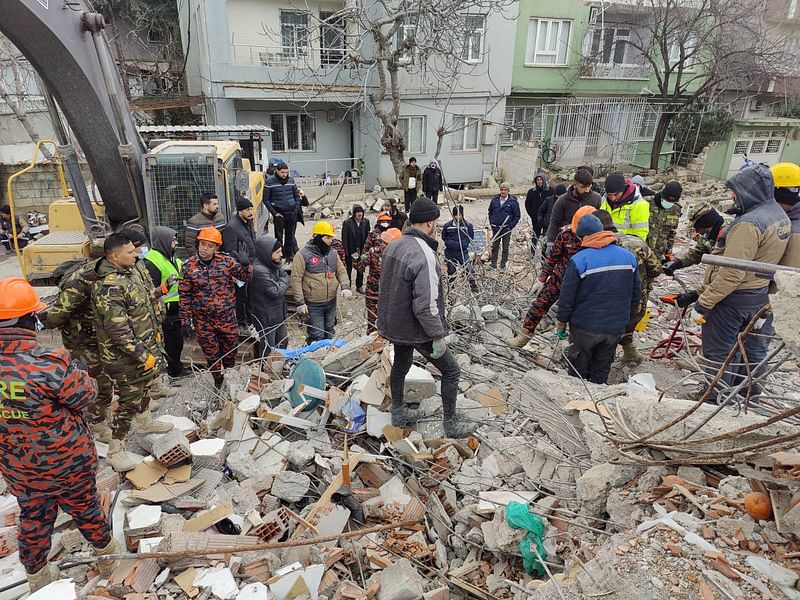 Bangladeshi rescue team conducting search and rescue operation in earthquake-hit Turkey.