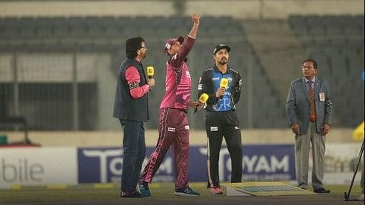 Sylhet Strikers captain Mashrafe Bin Mortaza and Rangpur Riders captain Nurul Hasan during the toss ahead of the second qualifier of the Bangladesh Premier League (BPL) 2023 at the Sher-e-Bangla National Cricket Stadium in Dhaka on 14 February, 2023