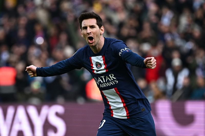 Paris Saint-Germain's Argentine forward Lionel Messi celebrates scoring his team's fourth goal during the French L1 football match between Paris Saint-Germain (PSG) and Lille LOSC at The Parc des Princes Stadium in Paris on 19 February, 2023