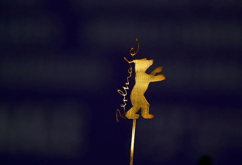 The Berlinale logo is seen during a press conference for the film "Mal Viver" presented in competition at the Berlinale, on 22 February, 2023.