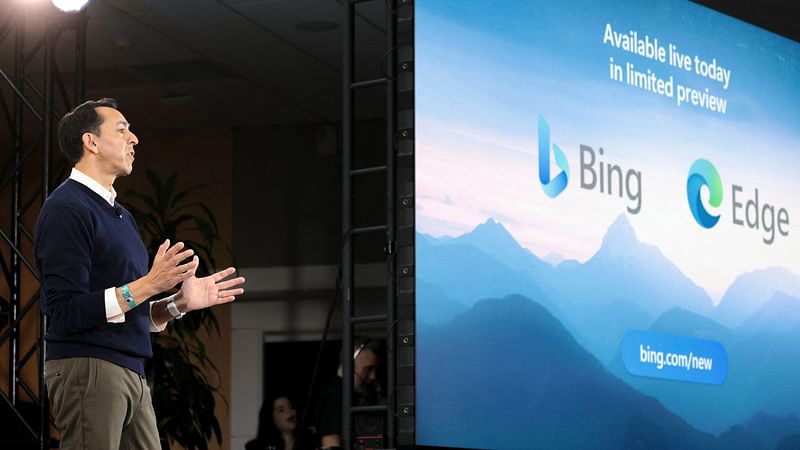 Yusuf Mehdi, Microsoft Corporate Vice President of Modern Life, Search, and Devices speaks during an event introducing a new AI-powered Microsoft Bing and Edge at Microsoft in Redmond, Washington on 7 February, 2023