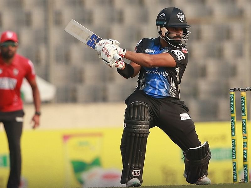 Rangpur Riders batter Shamim Hossain plays a shot during their eliminator match against Fortune Barishal in the Bangladesh Premier League (BPL) 2023 at the Sher-e-Bangla National Cricket Stadium in Dhaka on 12 February, 2023