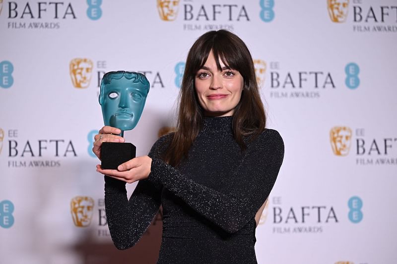 British actress Emma Mackey poses with the award for EE rising star award during the BAFTA British Academy Film Awards ceremony at the Royal Festival Hall, Southbank Centre, in London, on 19 February, 2023.