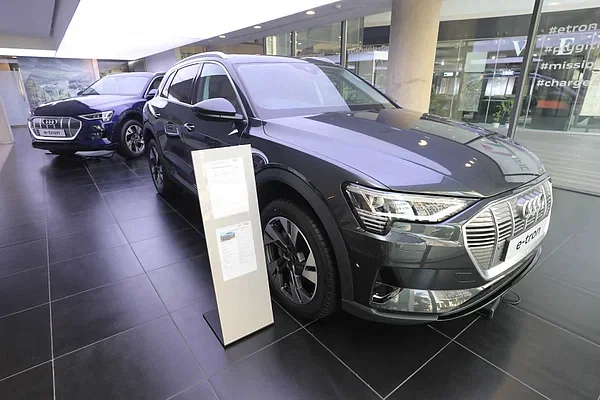 Electric vehicles in a display centre of Audi in the capital's Tejgaon area.