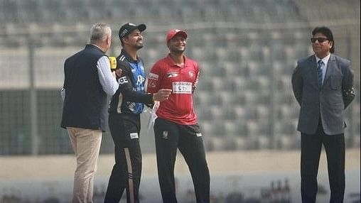 Rangpur Riders captain Nurul Hasan and Fortune Barishal captain Shakib Al Hasan during the toss ahead of the eliminator match of the Bangladesh Premier League (BPL) 2023 at the Sher-e-Bangla National Cricket Stadium in Dhaka on 12 February, 2023