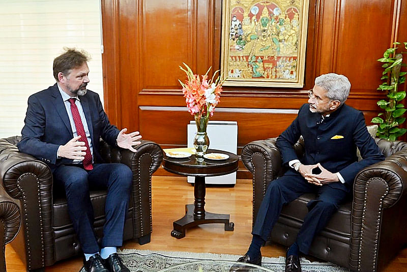 Indian External Affairs Minister S Jaishankar (R) meets German Ambassador Philipp Ackermann, in New Delhi on 1 December 2022