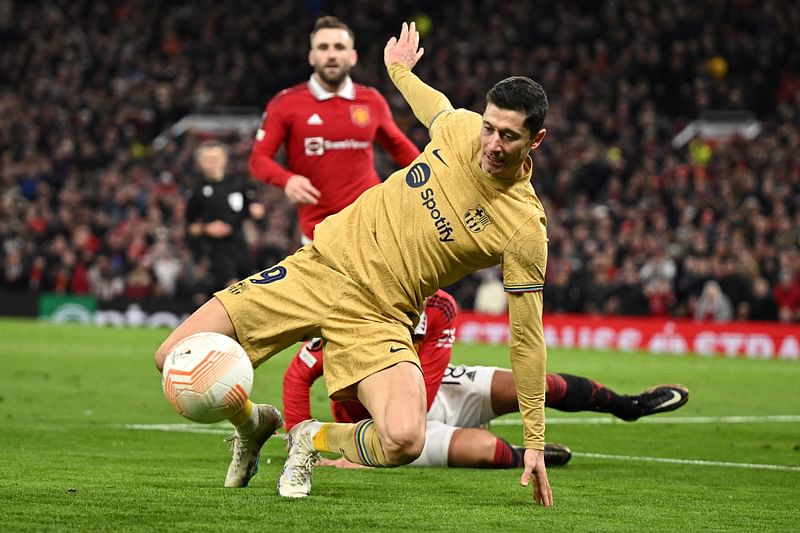 Barcelona's Polish forward Robert Lewandowski in action during the UEFA Europa league second leg match between Manchester United and FC Barcelona at Old Trafford stadium in Manchester, England on 23 February, 2023