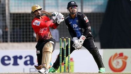 Comilla VIctorians batsman Liton Das plays a shot during the match against Rangpur Riders in BPL9 at the Sher-e-Bangla National Cricket Stadium in Dhaka on 10 February, 2023