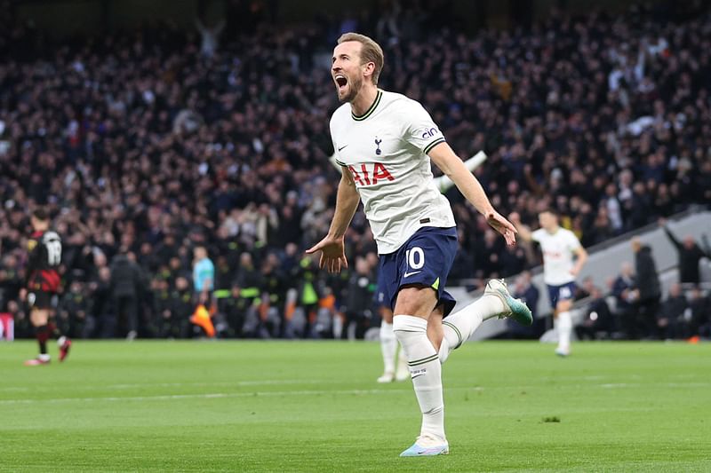 Tottenham Hotspur’s English striker Harry Kane celebrates after scoring his team first goal during the English Premier League football match between Tottenham Hotspur and Manchester City at Tottenham Hotspur Stadium in London, on 5 February, 2023