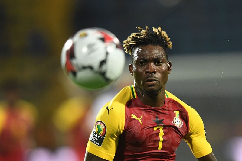 In this file photo taken on June 26, 2019, Ghana's midfielder Christian Atsu is in action during the 2019 Africa Cup of Nations (CAN) football match between Ghana and Benin at the Ismailia Stadium