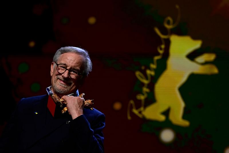 US director and producer Steven Spielberg poses with his "Honorary Golden Bear" for lifetime achievement during the Honorary Golden Bear ceremony and the premiere of his film 'The Fabelmans', presented as 'Homage' at the Berlinale, Europe's first major film festival of the year, on 21 February, 2023 in Berlin