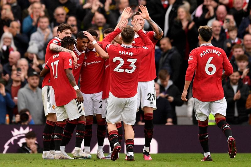 Manchester United's English striker Marcus Rashford celebrates scoring the team's second goal during the English Premier League match between Manchester United and Leicester City at Old Trafford in Manchester, north west England, on 19 February 2023