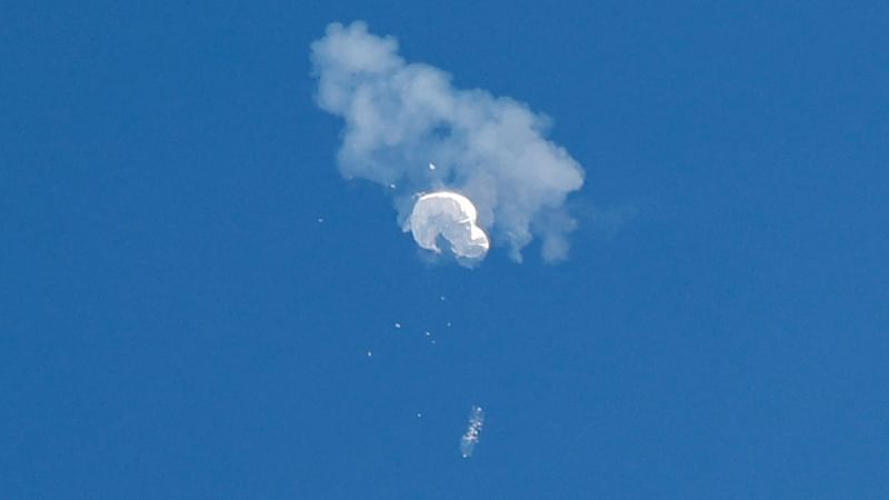 The suspected Chinese spy balloon drifts to the ocean after being shot down off the coast in Surfside Beach, South Carolina, US on 4 February, 2023